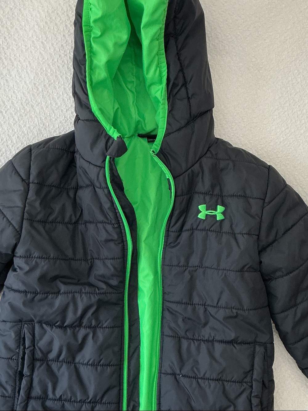 Under Armour Kids Black Puffer Jacket with Neon Green Trim
